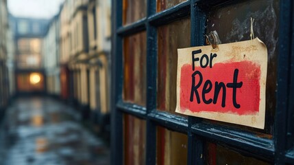 Rental sign displayed in an alleyway with buildings and wet pavement in the background