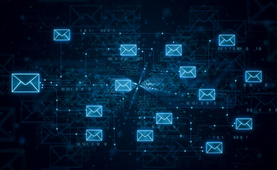 E-mail communication, mail server, connection and data transfer. Business, e-mail marketing, social media, computer network, mail server. 3D illustration