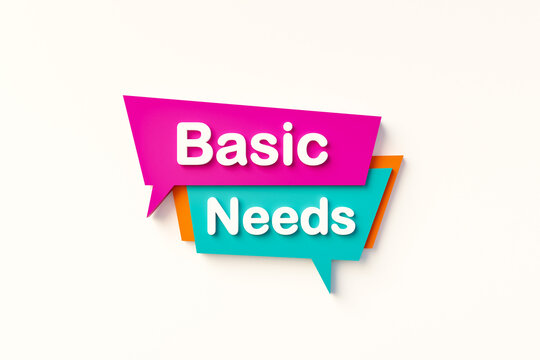 Basic needs. Speech bubble in orange, blue, purple and white text. Effort, requirement, support, demanding, skill, dependency, condition, quality.