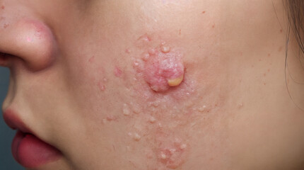 Fototapeta premium Detailed close-up of a pimple on facial skin, highlighting acne and skin texture issues.