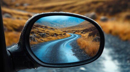 Scenic view of winding road reflected in vehicle side mirror near grassy landscape under cloudy sky