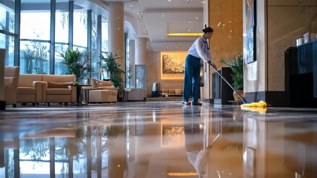 Close-up of a janitor mopping a shiny office floor with indoor plants and modern furniture