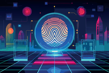 Fototapeta premium Advanced biometric fingerprint recognition system with cyberpunk design, glowing neon effects, and digital identity verification technology