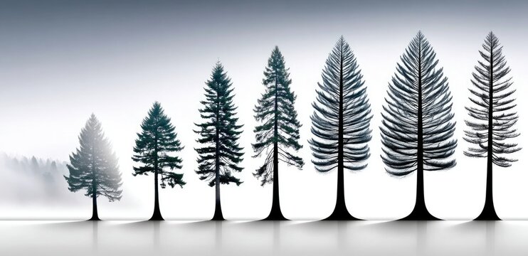 Silhouetted trees of varying heights against a white background creating a striking visual contrast with their intricate shapes