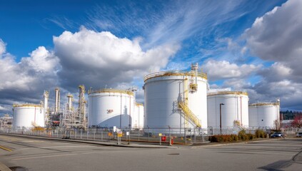 Obraz premium Observe Fuel Depot Storage Tanks Reflecting Clouds in Industrial Site Landscape with Steel Structure and Large Containers.
