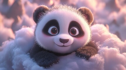 Fototapeta premium Adorable baby panda nestled in fluffy clouds at sunset.