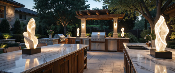 Luxury outdoor kitchen with modern sculptures illuminated at dusk in a luxurious backyard