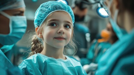 Young child in a surgical setting with medical professionals dressed in scrubs, masks, and caps against a white background