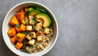 Fototapeta premium Buddha bowl with quinoa, tofu, avocado, sweet potato, brussels sprouts and tahini dressing, top view. Healthy vegan food concept, vector style. with white shades