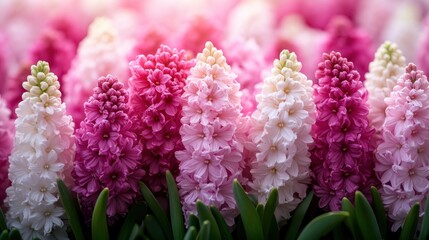 A colorful array of blooming hyacinth flowers in shades of pink and white, showcasing their beauty and vibrancy, symbolizing renewal and the joy of spring, perfect for promoting gardening themes.