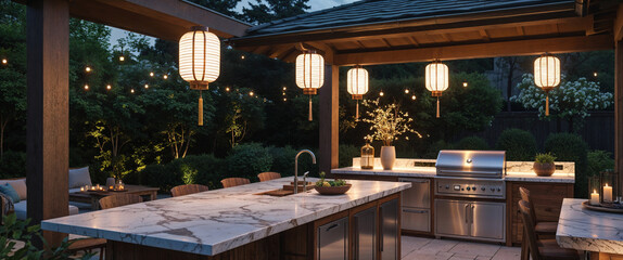 Outdoor kitchen with asian lanterns and ambiance in a luxurious backyard setting