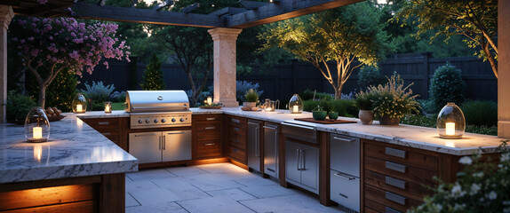 Outdoor kitchen with grill and lanterns in a beautiful evening backyard setting