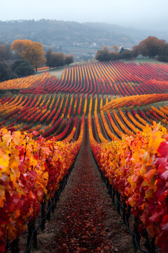 Spectacular autumn vineyards displaying rows of vibrant red and orange leaves, creating a scenic landscape.