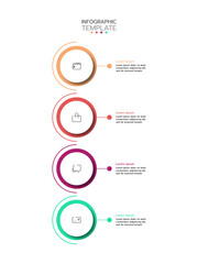 Infographic template featuring four horizontal circular elements with a gradient from orange to teal outlines. Each circle contains an icon and a connecting line to a text area. Vector illustration.