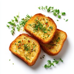Garlic bread with thyme close up on white background