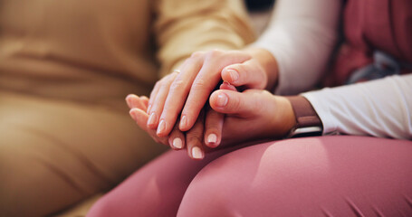 People, holding hands and support with patient and nurse at healthcare facility, empathy or comfort...