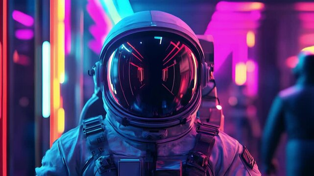 Astronaut in futuristic neon city lights reflecting in helmet visor A vibrant spaceman portrait