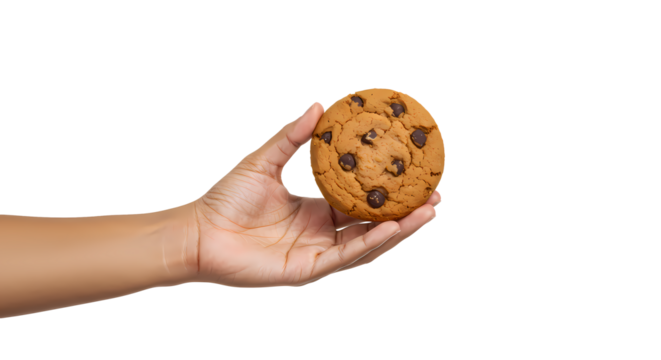 Close-up of a hand holding a chocolate chip cookie against a black background, emphasizing texture and deliciousness of the sweet treat.