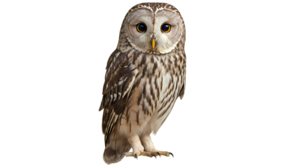 A poised owl stares forward with piercing, golden eyes amidst detailed feathers. The image highlights its captivating gaze and intricate plumage.