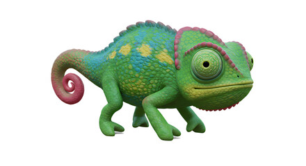 A colorful chameleon with bright green skin, pink accents, and yellow spots stands against a black backdrop, showcasing its unique features.