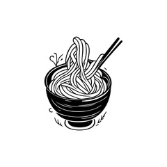 Minimalist noodle bowl illustration with chopsticks and plant flourishes