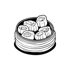 Detailed monochrome illustration of steaming dim sum in a traditional bamboo container