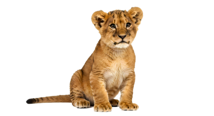 A young lion cub with bright eyes sits alertly against a dark background, its fur a mix of golden and light brown hues. It has a small tail.