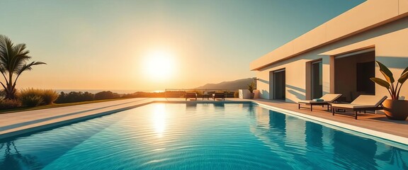 Fototapeta premium Sun-drenched minimalist home, expansive pool view, design, white