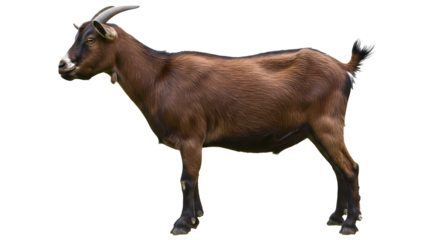 A brown goat stands sideways, its horns arching backward, gazing left with a thoughtful demeanor on a dark background. Farm animal portrait