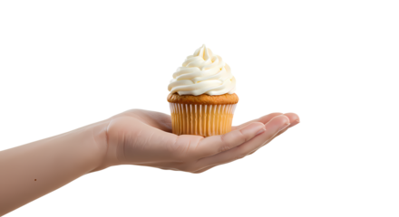 A hand presents a delightful cupcake, adorned with a swirl of frosting, set against a stark black backdrop, inviting a sweet indulgence.