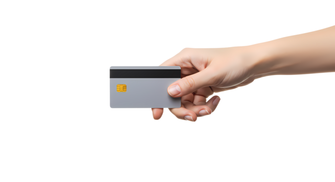 A woman's hand holding a silver card with a magnetic stripe and electronic chip, set against a stark black background. Finance and payment themes.