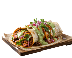 Close up of a loaded burrito with green sauce and toppings on a wooden board against a black background