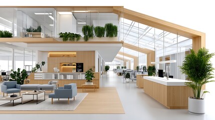 Modern Open Plan Office Design with Natural Light and Greenery