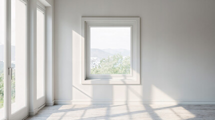 Glass window frame house interior on white wall