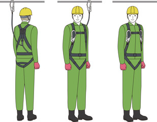 墜落防止のフルハーネスとランヤードをつけた現場工事作業員