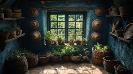 Sunlit rustic room with plants, baskets, and pottery on shelves by a window.