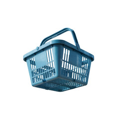 A light blue plastic shopping basket with a handle isolated on a black background in a studio shot
