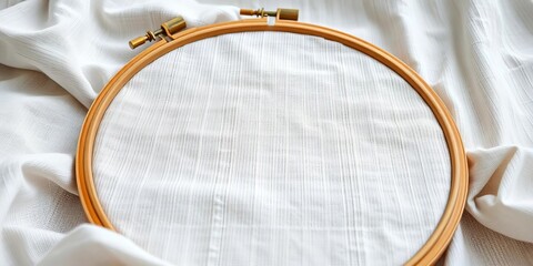 Wooden embroidery hoop with natural linen fabric tightly stretched, hobby, wood