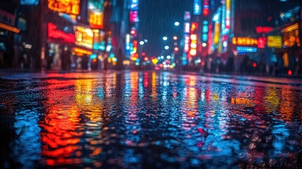 Rainy Night Cityscape: Neon Lights Reflecting on Wet Streets