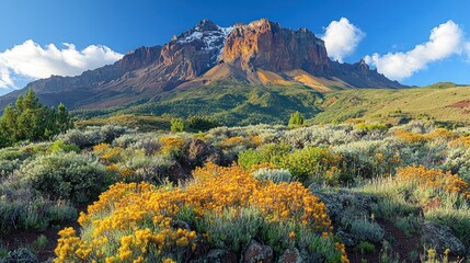 Obraz premium Majestic mountain peak with wildflowers in foreground under a blue sky with clouds.