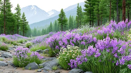Fototapeta premium Serene Mountain Meadow Landscape Blooming Purple Flowers Wildflowers and Pine Forest