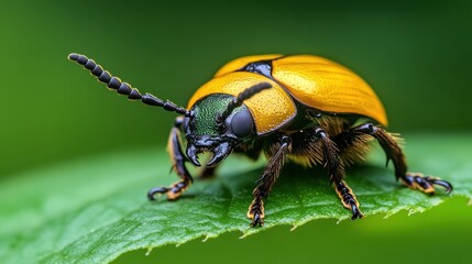 Naklejka premium Captured in stunning detail, this close-up of a striking golden beetle showcases its reflective surface and intricate features, representing the fascinating diversity of insect life in nature.