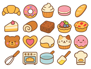 cute icon dessert bakery illustration set