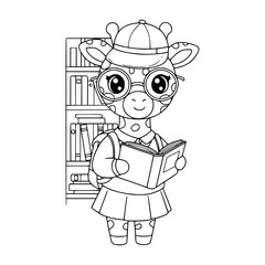 cartoon giraffe reading book in library. animal. coloring page for kids