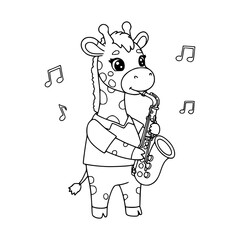 cartoon giraffe playing saxophone. animal. coloring page for kids