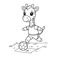 cartoon giraffe playing football. animal. coloring page for kids