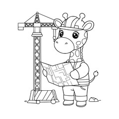cartoon giraffe in construction site. animal. coloring page for kids