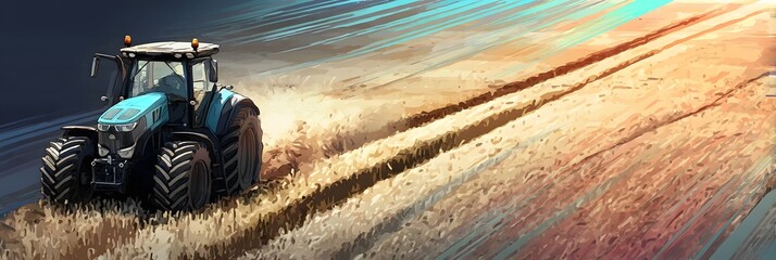 Obraz premium Agricultural Marvel: A robust tractor navigates through a field of golden wheat. A stunning display of modern farming, where machine and nature converge to symbolize the essence of agriculture