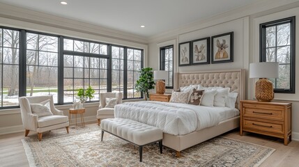 Luxurious bedroom with large windows, beige bedding, and wooden furniture.