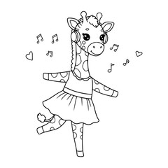 cartoon giraffe dancing. animal. coloring page for kids